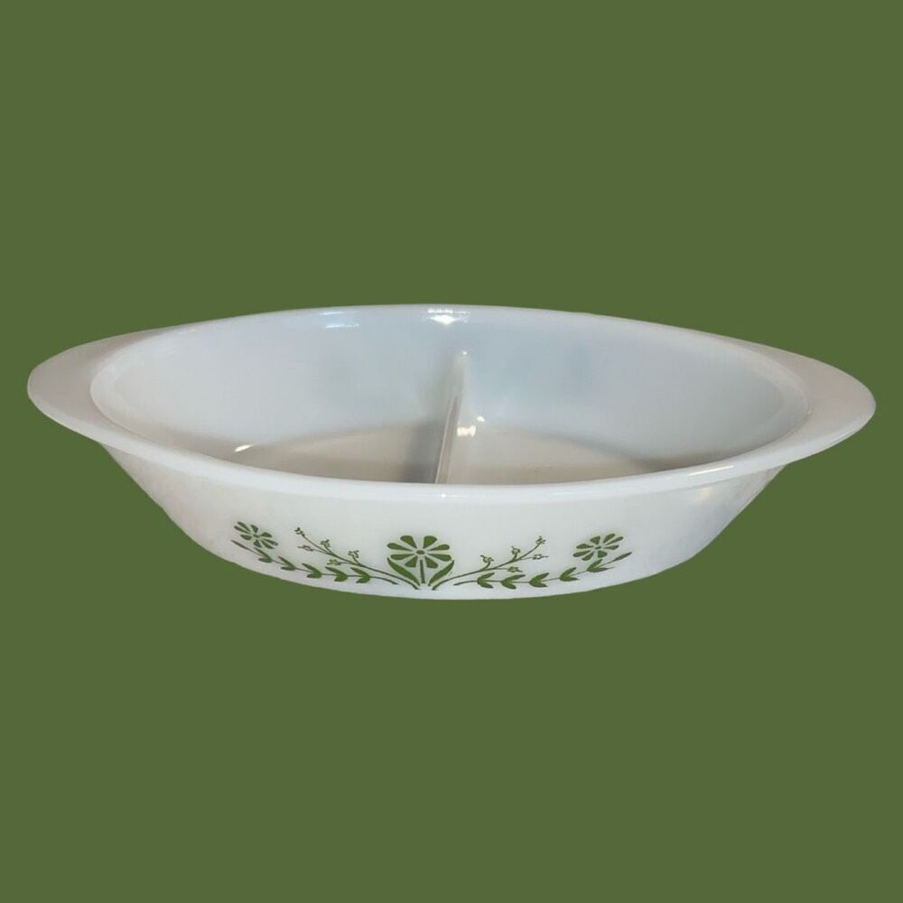 Vintage Jeannette Milk Glass Daisy Days Glasbake Divided Casserole Dish Oval